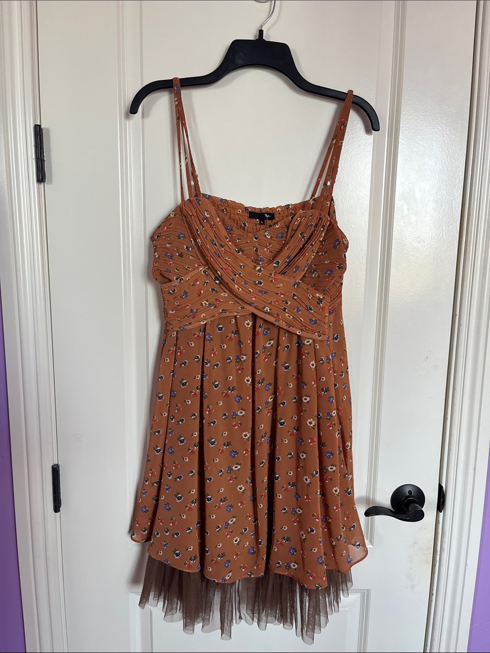 Rue 21 Floral Babydoll Dress Size Large Brown Mesh Hem Mini Dress